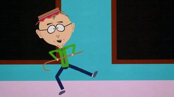 Movie still from “South Park: Bigger, Longer & Uncut” (1999), directed by Trey Parker – A cartoon of a man holding a stick in his mouth; Medium shot, High angle