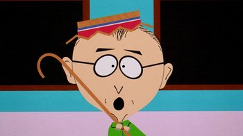Movie still from “South Park: Bigger, Longer & Uncut” (1999), directed by Trey Parker – A cartoon of a man with a stick in his head; Close Up shot, Low angle