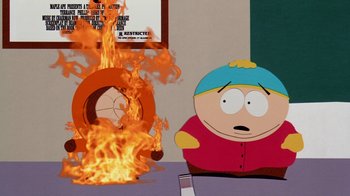 Movie still from “South Park: Bigger, Longer & Uncut” (1999), directed by Trey Parker – A south park cartoon character in front of a fire; Medium shot, High angle