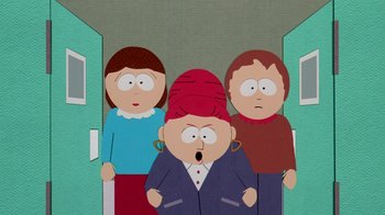Movie still from “South Park: Bigger, Longer & Uncut” (1999), directed by Trey Parker – A group of people standing next to each other in a room; Medium shot, Low angle