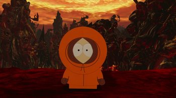 Movie still from “South Park: Bigger, Longer & Uncut” (1999), directed by Trey Parker – A south park character standing in front of a forest; Medium shot, High angle