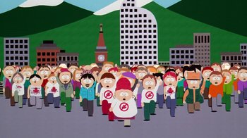 Movie still from “South Park: Bigger, Longer & Uncut” (1999), directed by Trey Parker – A group of people that are standing in the street; Wide shot, High angle