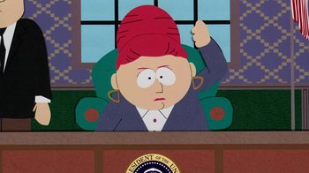 Movie still from “South Park: Bigger, Longer & Uncut” (1999), directed by Trey Parker – A man with a red hat sitting in front of a window; Close Up shot, Low angle