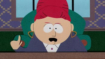 Movie still from “South Park: Bigger, Longer & Uncut” (1999), directed by Trey Parker – The face of a cartoon character; Close Up shot, Low angle