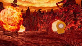 Movie still from “South Park: Bigger, Longer & Uncut” (1999), directed by Trey Parker – A group of people in the middle of an inferno; Extreme Wide shot, High angle