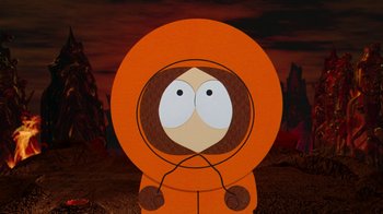 Movie still from “South Park: Bigger, Longer & Uncut” (1999), directed by Trey Parker – A picture of kenny from south park; Medium shot, Overhead angle