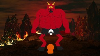 Movie still from “South Park: Bigger, Longer & Uncut” (1999), directed by Trey Parker – An animated devil standing next to an orange toilet; Wide shot, Overhead angle