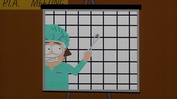 Movie still from “South Park: Bigger, Longer & Uncut” (1999), directed by Trey Parker – An animated picture of a person holding a tooth brush; Medium shot, Overhead angle