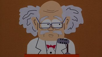 Movie still from “South Park: Bigger, Longer & Uncut” (1999), directed by Trey Parker – A cartoon of an old man with a microphone in front of him; Close Up shot, High angle