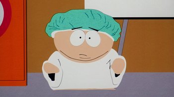 Movie still from “South Park: Bigger, Longer & Uncut” (1999), directed by Trey Parker – A picture of a character from south park wearing a surgeon's cap; Medium shot, High angle