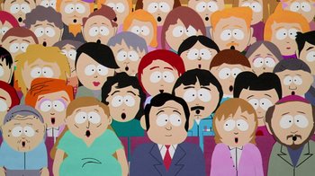 Movie still from “South Park: Bigger, Longer & Uncut” (1999), directed by Trey Parker – A group of people that are standing in a crowd; Medium shot, High angle