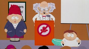 Movie still from “South Park: Bigger, Longer & Uncut” (1999), directed by Trey Parker – A cartoon of a man with a canadian maple leaf on his chest; Medium shot, Over the shoulder angle
