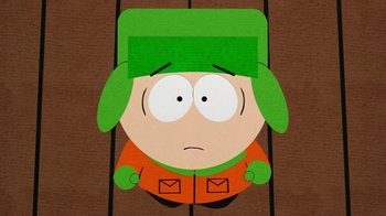 Movie still from “South Park: Bigger, Longer & Uncut” (1999), directed by Trey Parker – A drawing of a character from south park; Close Up shot, Overhead angle