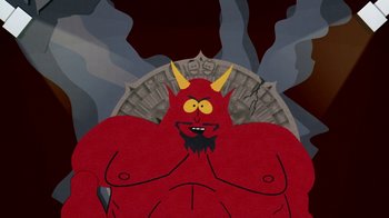 Movie still from “South Park: Bigger, Longer & Uncut” (1999), directed by Trey Parker – A cartoon of a red demon with horns; Medium shot, Overhead angle