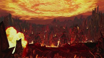 Movie still from “South Park: Bigger, Longer & Uncut” (1999), directed by Trey Parker – An image of an inferno in the middle of the night; Extreme Wide shot, High angle