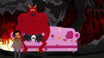 Movie still from “South Park: Bigger, Longer & Uncut” (1999), directed by Trey Parker – A red demon sitting on top of a pink couch; Wide shot, Overhead angle