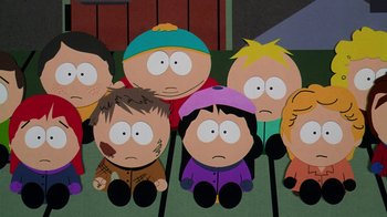 Movie still from “South Park: Bigger, Longer & Uncut” (1999), directed by Trey Parker – A group of cartoon characters sitting next to each other; Medium shot, High angle