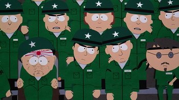 Movie still from “South Park: Bigger, Longer & Uncut” (1999), directed by Trey Parker – A group of people wearing green uniforms and hats; Medium shot, High angle