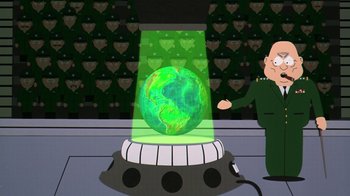 Movie still from “South Park: Bigger, Longer & Uncut” (1999), directed by Trey Parker – A man standing in front of a green light; Wide shot, High angle