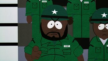 Movie still from “South Park: Bigger, Longer & Uncut” (1999), directed by Trey Parker – A cartoon of a man in a green military uniform; Medium shot, High angle