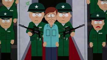 Movie still from “South Park: Bigger, Longer & Uncut” (1999), directed by Trey Parker – A man standing next to two soldiers holding guns; Medium shot, Over the shoulder angle