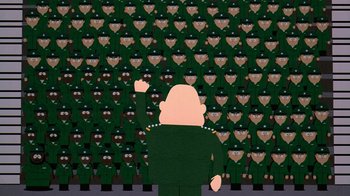 Movie still from “South Park: Bigger, Longer & Uncut” (1999), directed by Trey Parker – A cartoon of a man in front of a group of soldiers; Extreme Wide shot, Overhead angle