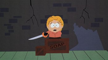 Movie still from “South Park: Bigger, Longer & Uncut” (1999), directed by Trey Parker – A south park character holding a knife in his hand; Wide shot, High angle
