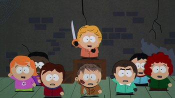 Movie still from “South Park: Bigger, Longer & Uncut” (1999), directed by Trey Parker – A group of people standing in front of a statue; Wide shot, High angle