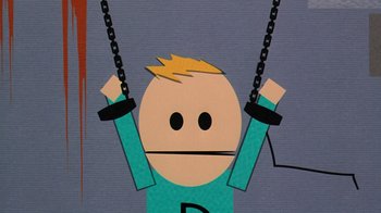 Movie still from “South Park: Bigger, Longer & Uncut” (1999), directed by Trey Parker – A cartoon of a man swinging on a swing set; Medium shot, Overhead angle