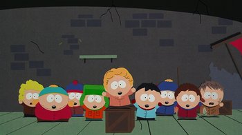 Movie still from “South Park: Bigger, Longer & Uncut” (1999), directed by Trey Parker – A group of people standing in front of each other; Wide shot, Low angle