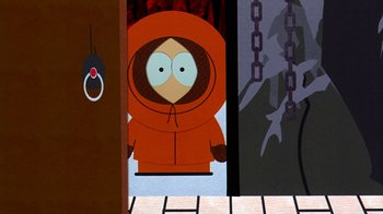 Movie still from “South Park: Bigger, Longer & Uncut” (1999), directed by Trey Parker – A picture of the south park character , kenny mccormick; Medium shot, High angle