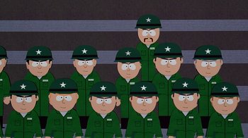 Movie still from “South Park: Bigger, Longer & Uncut” (1999), directed by Trey Parker – A group of men wearing green uniforms and hats; Medium shot, High angle