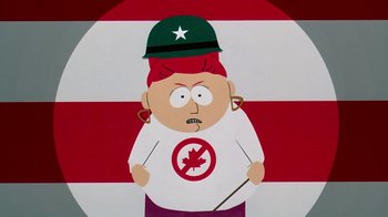 Movie still from “South Park: Bigger, Longer & Uncut” (1999), directed by Trey Parker – A cartoon of a woman with a canadian flag on the background; Medium shot, High angle