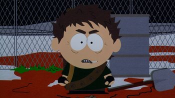 Movie still from “South Park: Bigger, Longer & Uncut” (1999), directed by Trey Parker – A picture of a character in south park; Medium shot, Low angle