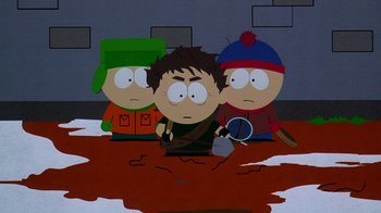 Movie still from “South Park: Bigger, Longer & Uncut” (1999), directed by Trey Parker – A group of three men standing next to each other; Medium shot, High angle