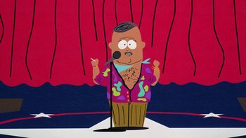 Movie still from “South Park: Bigger, Longer & Uncut” (1999), directed by Trey Parker – A cartoon of a man with a microphone; Medium shot, Low angle