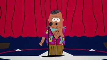 Movie still from “South Park: Bigger, Longer & Uncut” (1999), directed by Trey Parker – A cartoon of a man in a hawaiian shirt singing on a stage; Medium shot, Low angle