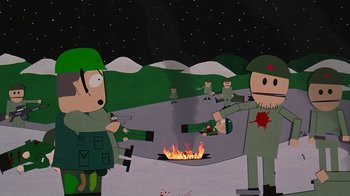 Movie still from “South Park: Bigger, Longer & Uncut” (1999), directed by Trey Parker – A group of people standing next to a fire; Medium shot, High angle