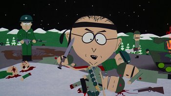 Movie still from “South Park: Bigger, Longer & Uncut” (1999), directed by Trey Parker – A character from south park; Medium shot, Low angle
