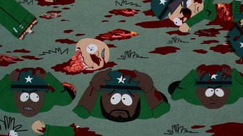 Movie still from “South Park: Bigger, Longer & Uncut” (1999), directed by Trey Parker – A character from south park; Medium shot, Overhead angle