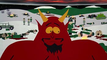 Movie still from “South Park: Bigger, Longer & Uncut” (1999), directed by Trey Parker – A painting of a red devil with horns; Extreme Wide shot, High angle