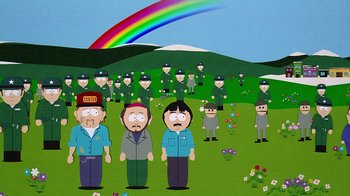 Movie still from “South Park: Bigger, Longer & Uncut” (1999), directed by Trey Parker – A group of people standing in a field with a rainbow in the background; Wide shot, High angle