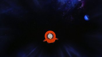 Movie still from “South Park: Bigger, Longer & Uncut” (1999), directed by Trey Parker – A picture of a cartoon character in a space suit; Extreme Wide shot, Overhead angle
