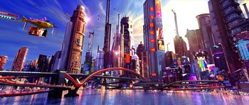Movie still from “Speed Racer” (2008), directed by Lilly Wachowski – An image of a futuristic city in the middle of the day; Extreme Wide shot, Low angle