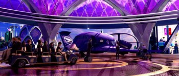 Movie still from “Speed Racer” (2008), directed by Lilly Wachowski – A group of people standing next to a purple airplane; Extreme Wide shot, Low angle