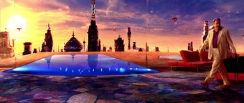 Movie still from “Speed Racer” (2008), directed by Lilly Wachowski – An image of a city with a sky background; Extreme Wide shot, High angle