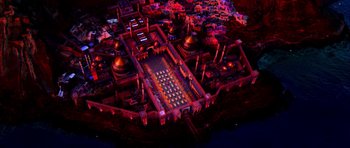 Movie still from “Speed Racer” (2008), directed by Lilly Wachowski – An aerial view of an ancient city at night time; Extreme Wide shot, Overhead angle