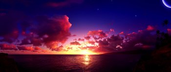 Movie still from “Speed Racer” (2008), directed by Lilly Wachowski – The sun is setting over the ocean as the clouds roll in; Extreme Wide shot, Low angle