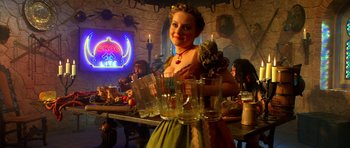 Movie still from “Speed Racer” (2008), directed by Lilly Wachowski – A woman standing in front of a table holding a tray of drinks; Medium shot, Low angle