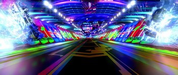 Movie still from “Speed Racer” (2008), directed by Lilly Wachowski – A view of an indoor race track at night time; Extreme Wide shot, High angle